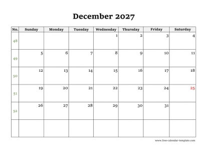 december 2027 calendar simple horizontal