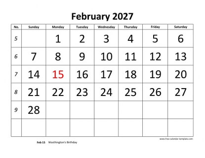 february 2027 calendar bigfont horizontal