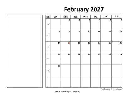 february 2027 calendar boxnotes horizontal