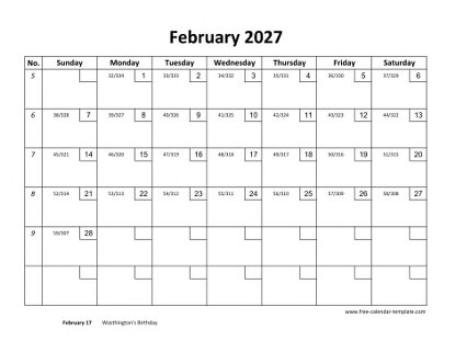 february 2027 calendar checkboxes horizontal
