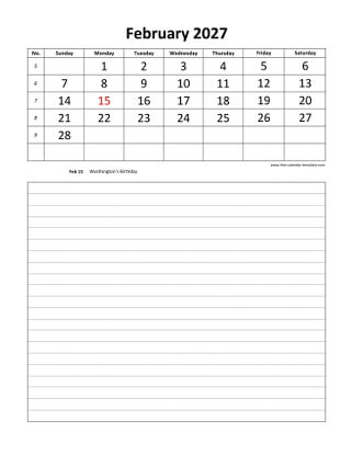 february 2027 calendar daily notes vertical