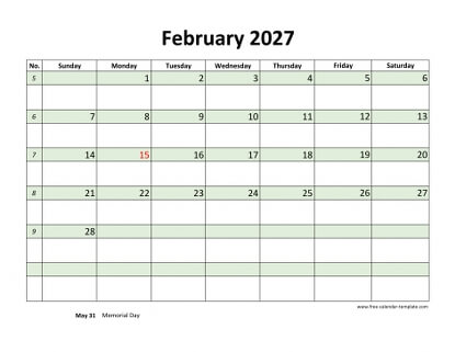 february 2027 calendar daycolored horizontal
