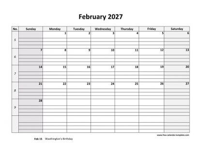 february 2027 calendar daygrid horizontal
