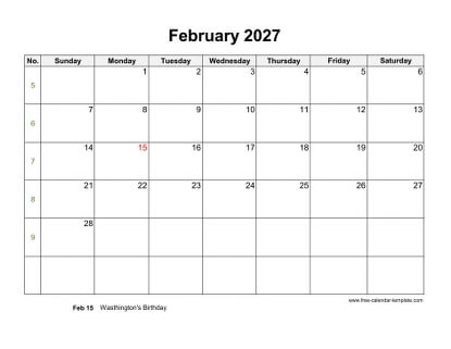 february 2027 calendar holidays horizontal