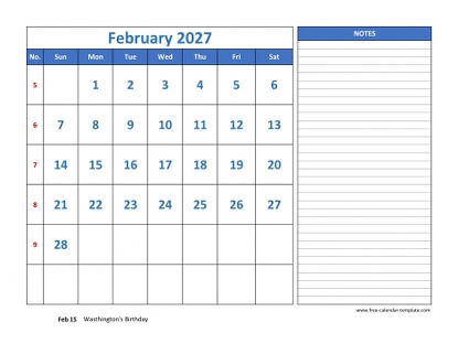 february 2027 calendar largenotes horizontal