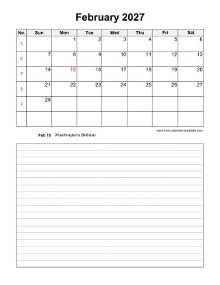 february 2027 calendar notes vertical