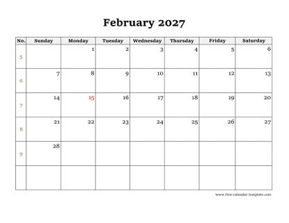 february 2027 calendar simple horizontal