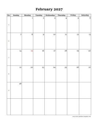 february 2027 calendar simple vertical