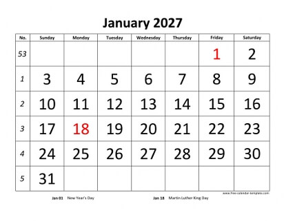 january 2027 calendar bigfont horizontal
