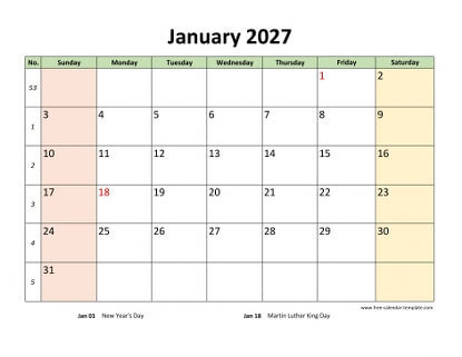 january 2027 calendar colored horizontal