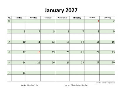 january 2027 calendar daycolored horizontal