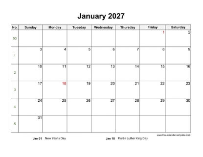 january 2027 calendar holidays horizontal