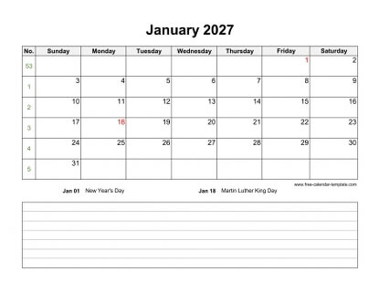 Simple January Calendar 2027 large box on each day for notes. | Free ...
