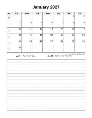 january 2027 calendar notes vertical