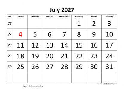 july 2027 calendar bigfont horizontal