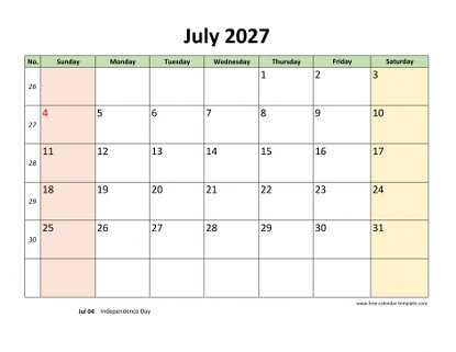 july 2027 calendar colored horizontal