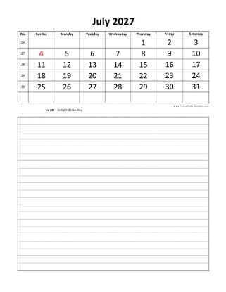 july 2027 calendar daily notes vertical