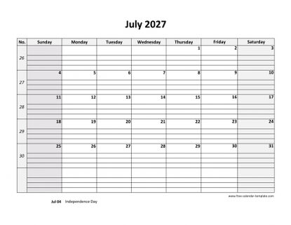 july 2027 calendar daygrid horizontal