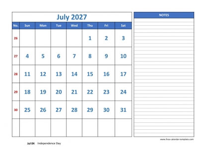 july 2027 calendar largenotes horizontal