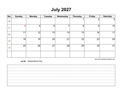 july 2027 calendar notes horizontal
