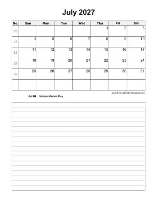 july 2027 calendar notes vertical