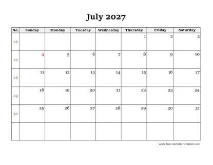july 2027 calendar simple horizontal