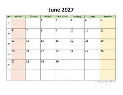 june 2027 calendar colored horizontal