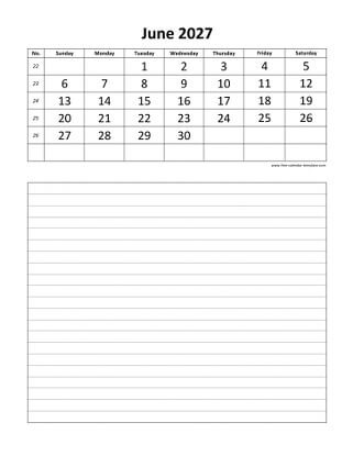 june 2027 calendar daily notes vertical