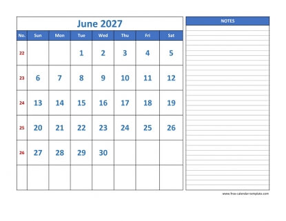 june 2027 calendar largenotes horizontal
