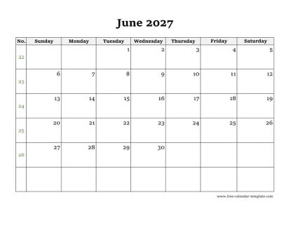 june 2027 calendar simple horizontal