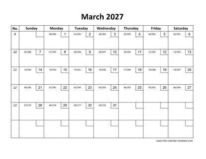 march 2027 calendar checkboxes horizontal