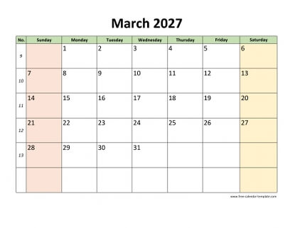 march 2027 calendar colored horizontal