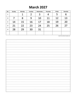 march 2027 calendar daily notes vertical
