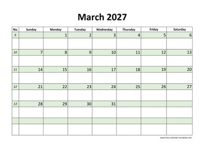 march 2027 calendar daycolored horizontal