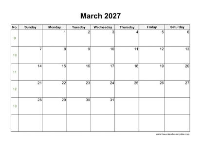 march 2027 calendar holidays horizontal