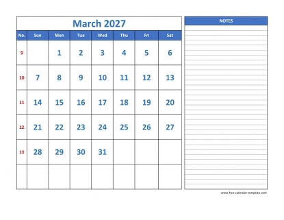 march 2027 calendar largenotes horizontal