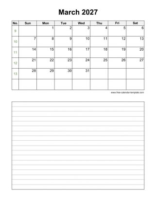 march 2027 calendar notes vertical