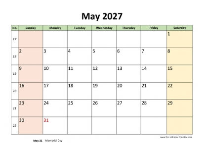 may 2027 calendar colored horizontal