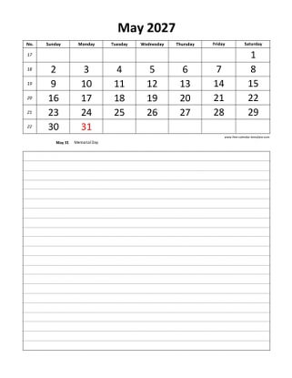 may 2027 calendar daily notes vertical