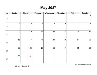 may 2027 calendar holidays horizontal