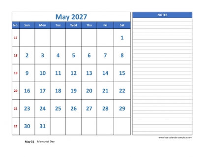 may 2027 calendar largenotes horizontal