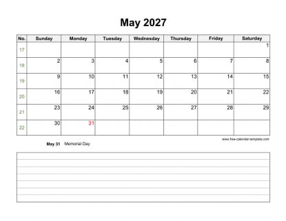 may 2027 calendar notes horizontal