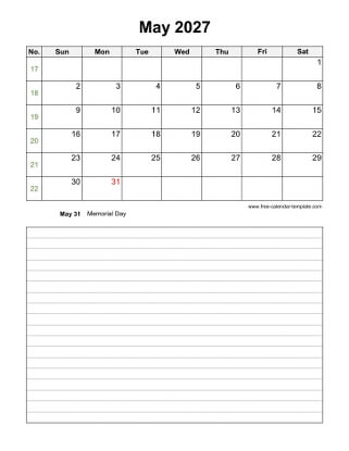 may 2027 calendar notes vertical