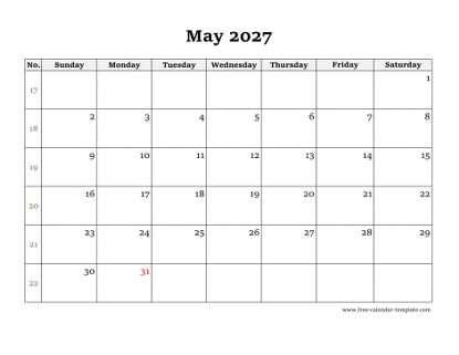 may 2027 calendar simple horizontal