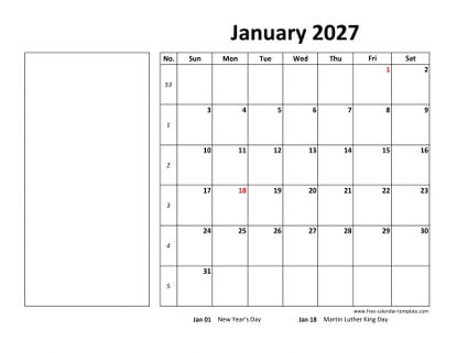 monthly 2027 calendar boxnotes horizontal