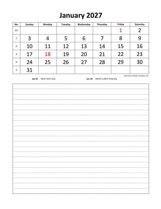 monthly 2027 calendar daily notes vertical