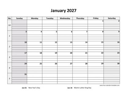 monthly 2027 calendar daygrid horizontal