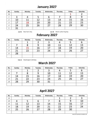 monthly 2027 calendar four months vertical