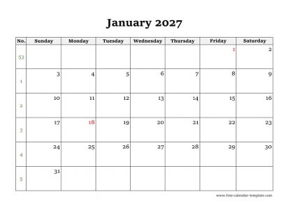 monthly 2027 calendar simple horizontal