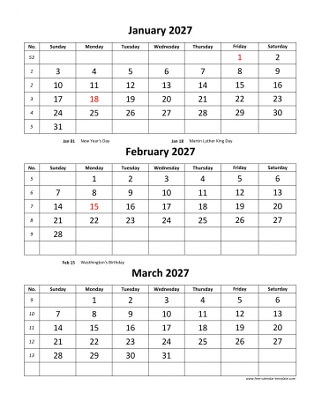 monthly 2027 calendar three months vertical